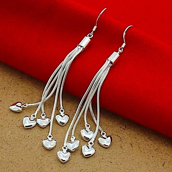 Heart Sterling Silver Tassel Charm Necklace Matching Bracelet Earrings Set - Picture 9 of 9